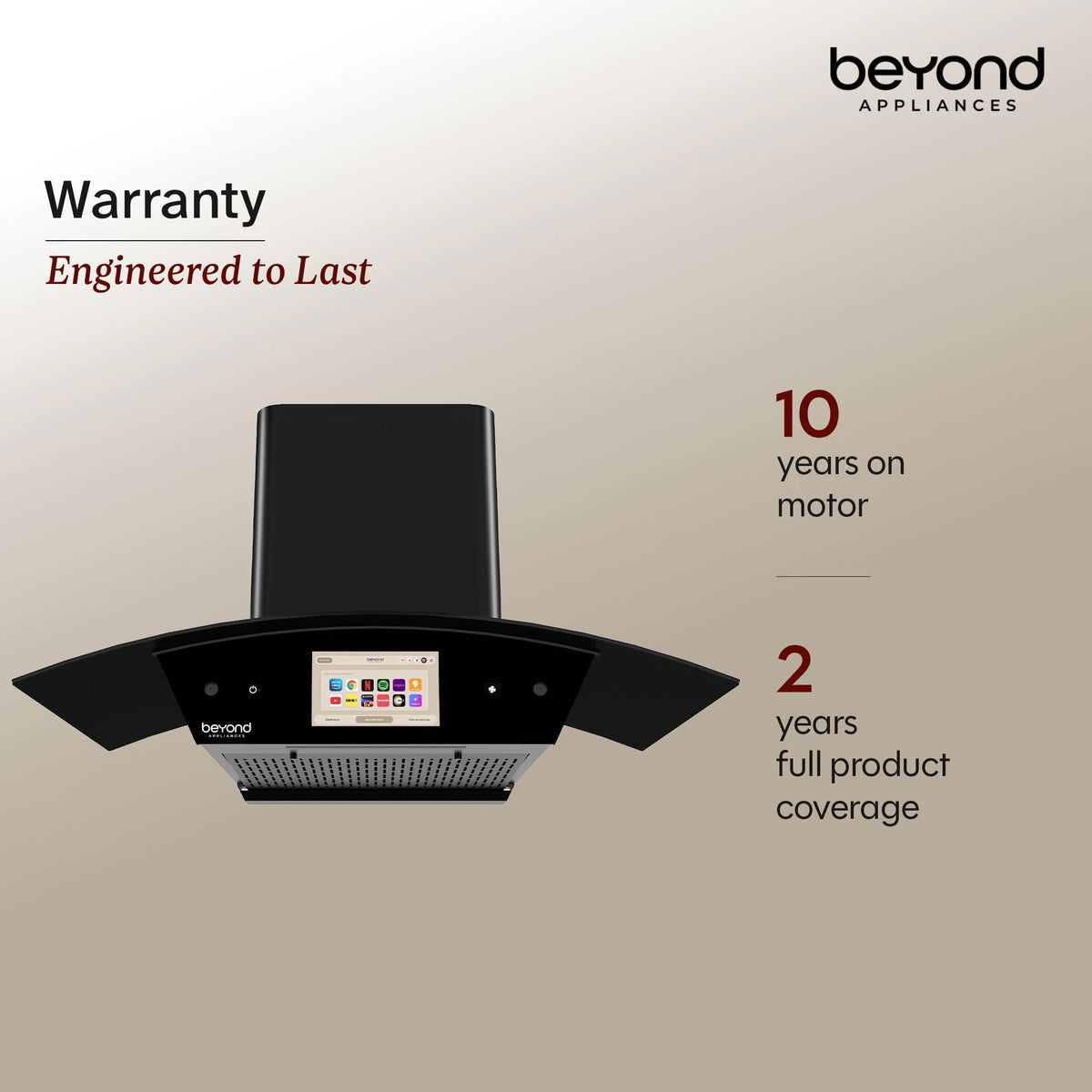 Beyond Appliances Asteria 90cm Auto Clean Kitchen Chimney | 1408 CMH Suction | Filterless | Curved Glass | Smart Screen & Speakers | Touch Control | Black Finish