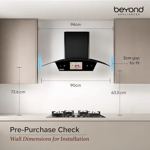 Beyond Appliances Asteria 90cm Auto Clean Kitchen Chimney | 1408 CMH Suction | Filterless | Curved Glass | Smart Screen & Speakers | Touch Control | Black Finish