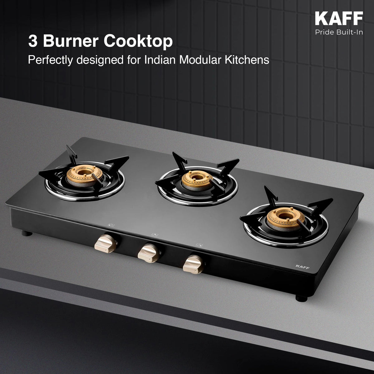 KAFF 3 Burner Gas Stove Top for Kitchen - 71CM Manual Ignition Cooktop| Modern Glass Stove for Modular Kitchen, ISI Certified & Compatible with LPG (Black)