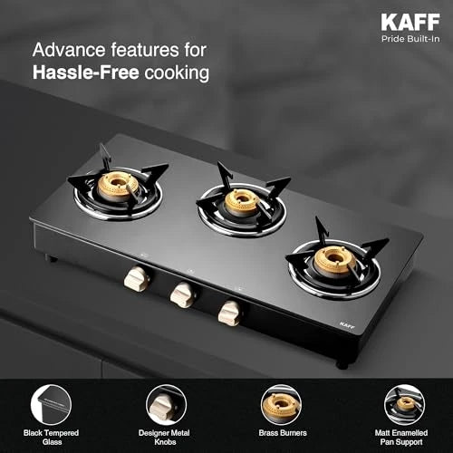 KAFF 3 Burner Gas Stove Top for Kitchen - 71CM Manual Ignition Cooktop| Modern Glass Stove for Modular Kitchen, ISI Certified & Compatible with LPG (Black)