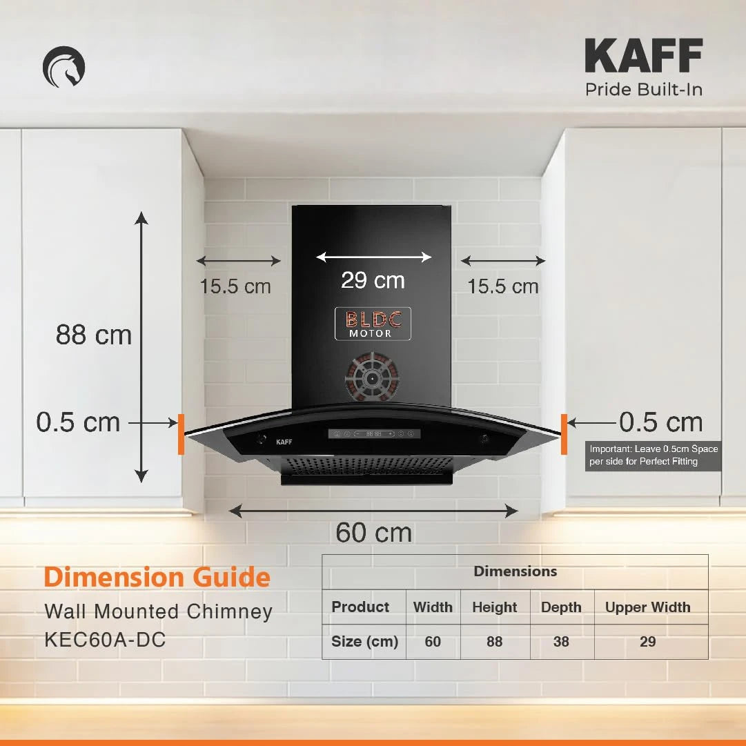 KAFF 60cm Curved BLDC Chimney, Installation Kit Included, KEC 60A-DC