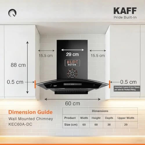 KAFF 60cm Curved BLDC Chimney, Installation Kit Included, KEC 60A-DC