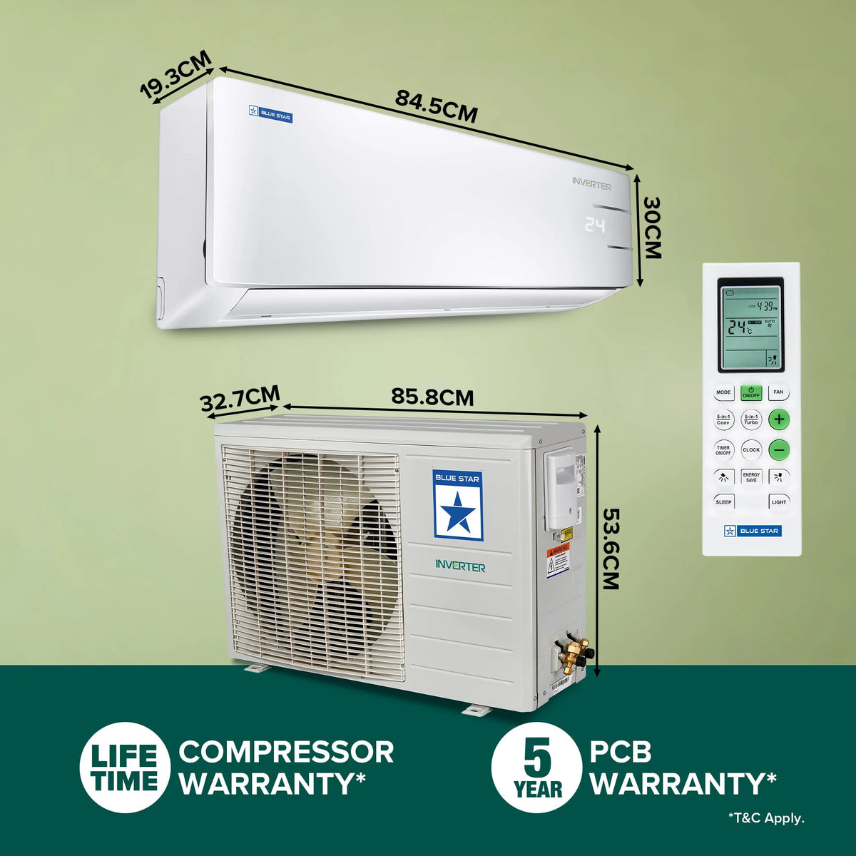 Blue Star 1 Ton 3 Star, Inverter Split AC (Copper, Convertible 5 in 1 Cooling, Multi Sensors,Blue Fins, Self Diagnosis, IE312YNU, White)