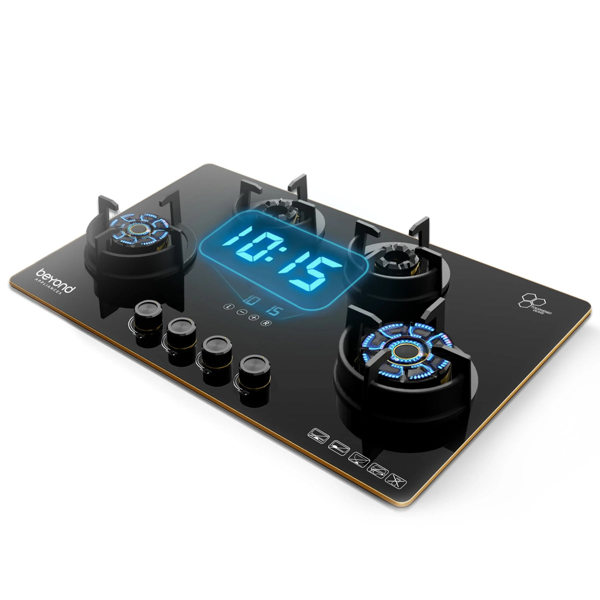 Beyond Appliances Altair 4 Burner Smart Glass Hobtop Gas Stove | Auto Ignition | Digital Timer | Flame Failure Device | Jumbo Burner | Toughened Glass | LPG & PNG Compatible