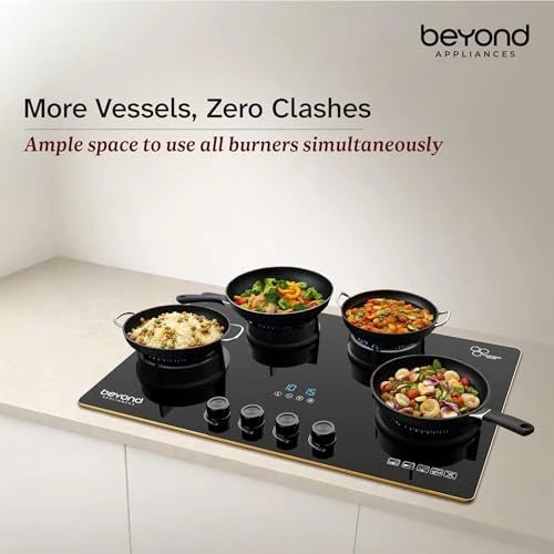 Beyond Appliances Altair 4 Burner Smart Glass Hobtop Gas Stove | Auto Ignition | Digital Timer | Flame Failure Device | Jumbo Burner | Toughened Glass | LPG & PNG Compatible