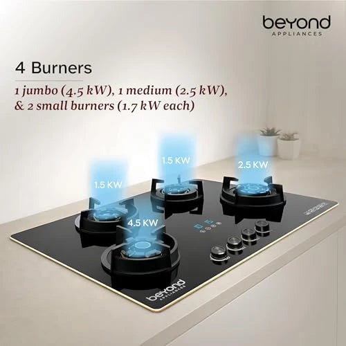 Beyond Appliances Altair 4 Burner Smart Glass Hobtop Gas Stove | Auto Ignition | Digital Timer | Flame Failure Device | Jumbo Burner | Toughened Glass | LPG & PNG Compatible