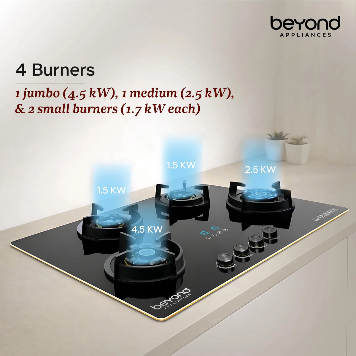Beyond Appliances Altair 4 Burner Smart Glass Hobtop Gas Stove | Auto Ignition | Digital Timer | Flame Failure Device | Jumbo Burner | Toughened Glass | LPG & PNG Compatible