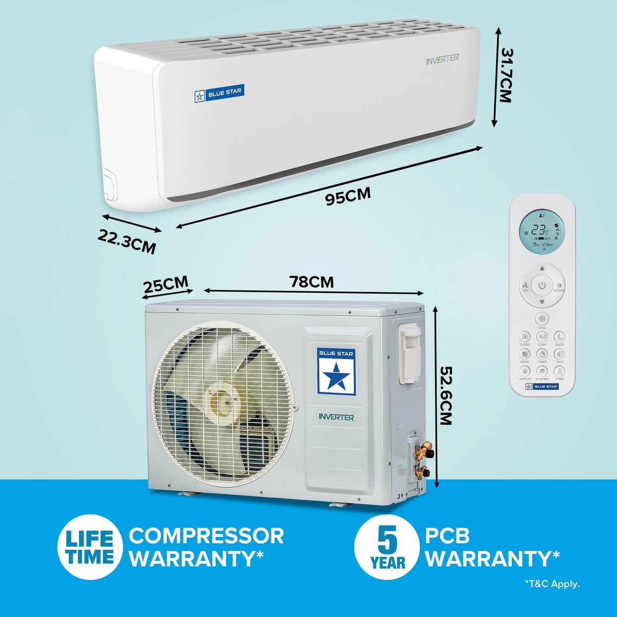 Blue Star 1.5 Ton 5 Star, Wi-Fi Smart Inverter Split AC (Copper, Convertible 5 in 1 Cooling, AI Pro, DigiQ Hepta Sensors, 4 Way Swing, IC518ZNURS, White)