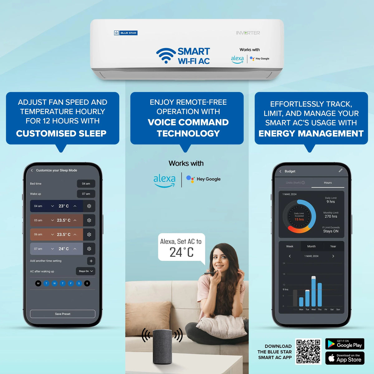 Blue Star 1.5 Ton 5 Star, Wi-Fi Smart Inverter Split AC (Copper, Convertible 5 in 1 Cooling, AI Pro, DigiQ Hepta Sensors, 4 Way Swing, IC518ZNURS, White)