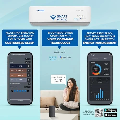 Blue Star 1.5 Ton 5 Star, Wi-Fi Smart Inverter Split AC (Copper, Convertible 5 in 1 Cooling, AI Pro, DigiQ Hepta Sensors, 4 Way Swing, IC518ZNURS, White)