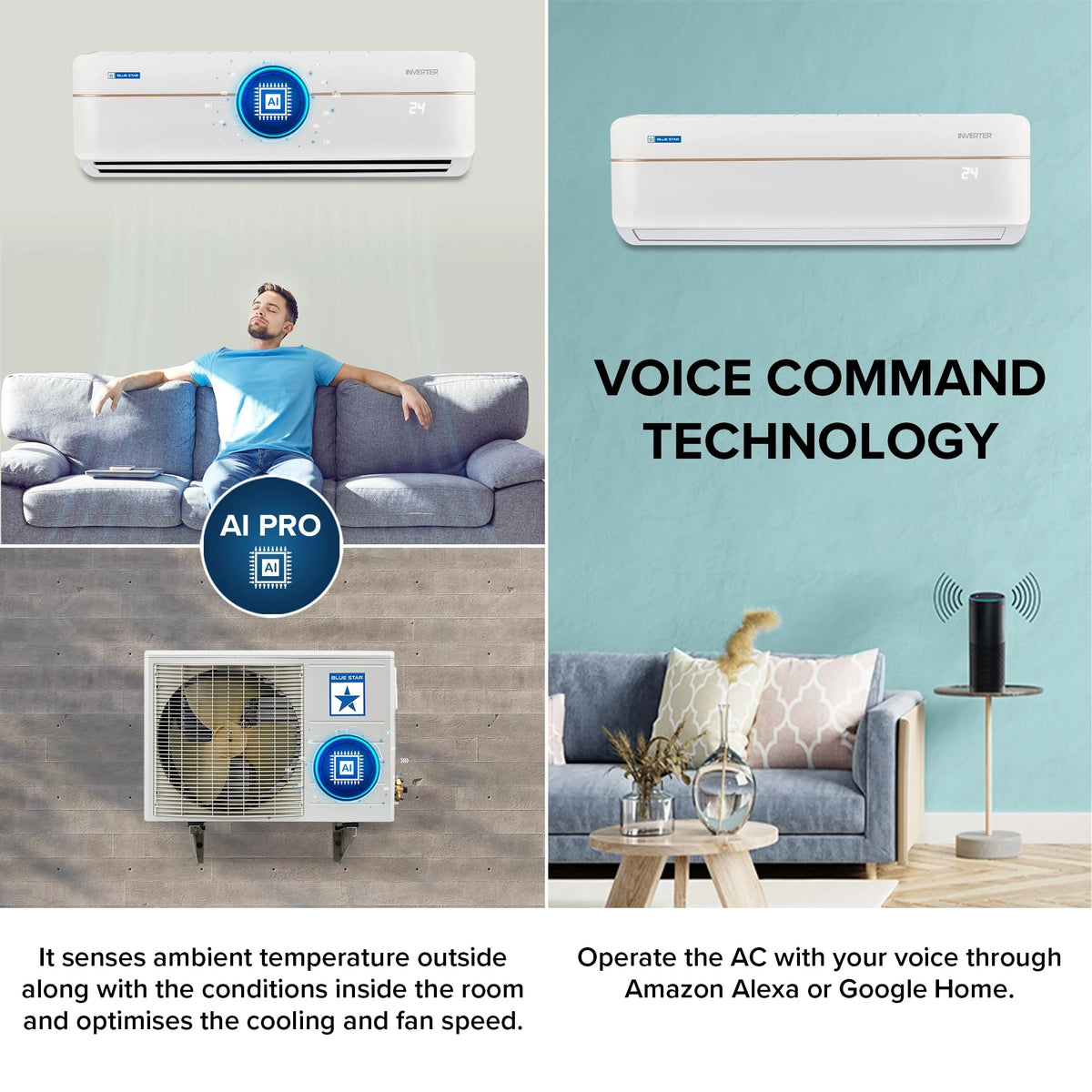 Blue Star 1 Ton 5 Star Wi-Fi Inverter Smart Split AC (Copper Condenser, 5 in 1 Convertible, AI Pro, Voice Command, 4 Way Swing, Anti Microbial Filter, IC512VNURS, White)