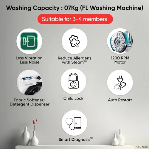 LG 7 Kg 5 Star Steam, Inverter Direct Drive Technology, 6 Motion DD, Fully-Automatic Front Load Washing Machine (FHB1207Z2WB, In-Built Heater, Dial + Full Touch Buttons & LED Display, Essence White)