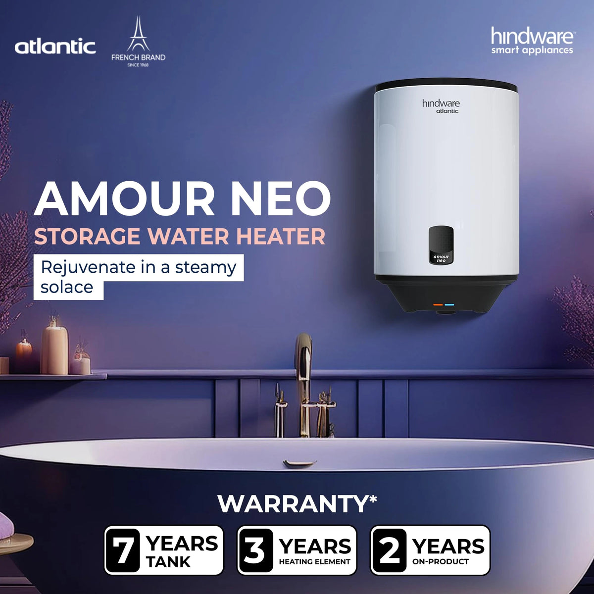 Hindware Smart Appliances | Amour Neo 25L | 2Kw | Glasslined Coated Tank | 5-Star Rating And Temperature Control Knob |Storage Water Heater (Geyser) White & Black