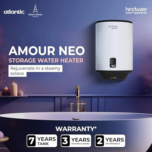 Hindware Smart Appliances | Amour Neo 25L | 2Kw | Glasslined Coated Tank | 5-Star Rating And Temperature Control Knob |Storage Water Heater (Geyser) White & Black