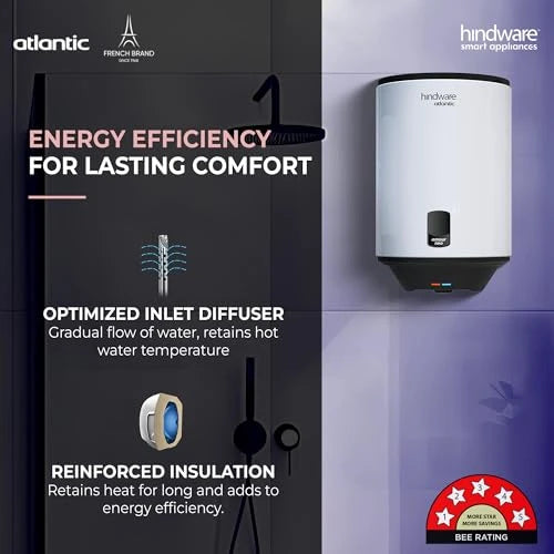 Hindware Smart Appliances | Amour Neo 25L | 2Kw | Glasslined Coated Tank | 5-Star Rating And Temperature Control Knob |Storage Water Heater (Geyser) White & Black