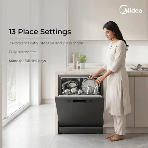 Midea 13 Place Setting Freestanding Dishwasher, 7 Wash Programs, Intensive 70°C, Glass Care Mode (MDWPF1301F(B) IN, ECO & Rapid Wash, Fully Automatic, Suitable for Indian Kitchen)