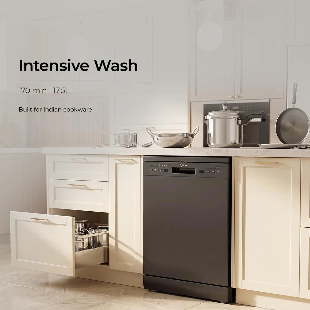 Midea 13 Place Setting Freestanding Dishwasher, 7 Wash Programs, Intensive 70°C, Glass Care Mode (MDWPF1301F(B) IN, ECO & Rapid Wash, Fully Automatic, Suitable for Indian Kitchen)