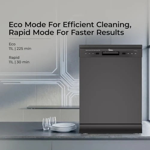 Midea 13 Place Setting Freestanding Dishwasher, 7 Wash Programs, Intensive 70°C, Glass Care Mode (MDWPF1301F(B) IN, ECO & Rapid Wash, Fully Automatic, Suitable for Indian Kitchen)
