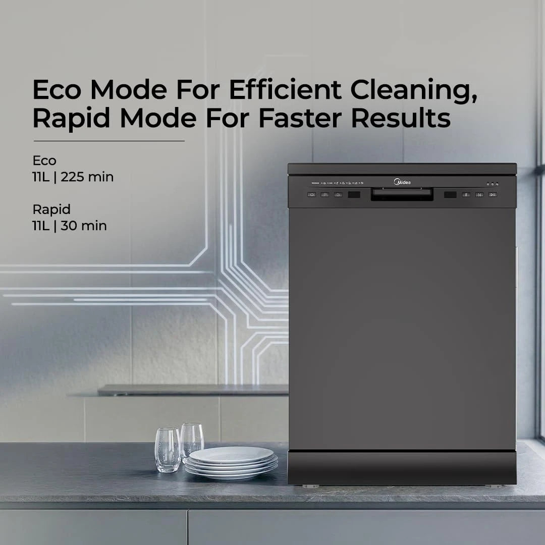 Midea 13 Place Setting Freestanding Dishwasher, 7 Wash Programs, Intensive 70°C, Glass Care Mode (MDWPF1301F(B) IN, ECO & Rapid Wash, Fully Automatic, Suitable for Indian Kitchen)