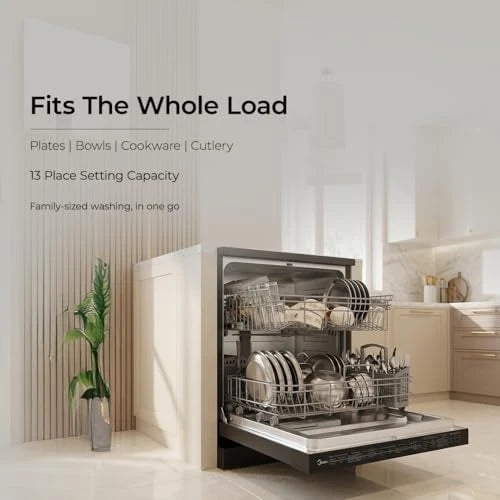 Midea 13 Place Setting Freestanding Dishwasher, 7 Wash Programs, Intensive 70°C, Glass Care Mode (MDWPF1301F(B) IN, ECO & Rapid Wash, Fully Automatic, Suitable for Indian Kitchen)