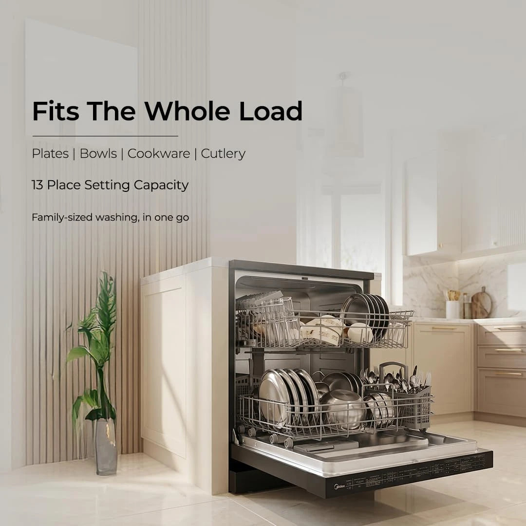 Midea 13 Place Setting Freestanding Dishwasher, 7 Wash Programs, Intensive 70°C, Glass Care Mode (MDWPF1301F(B) IN, ECO & Rapid Wash, Fully Automatic, Suitable for Indian Kitchen)