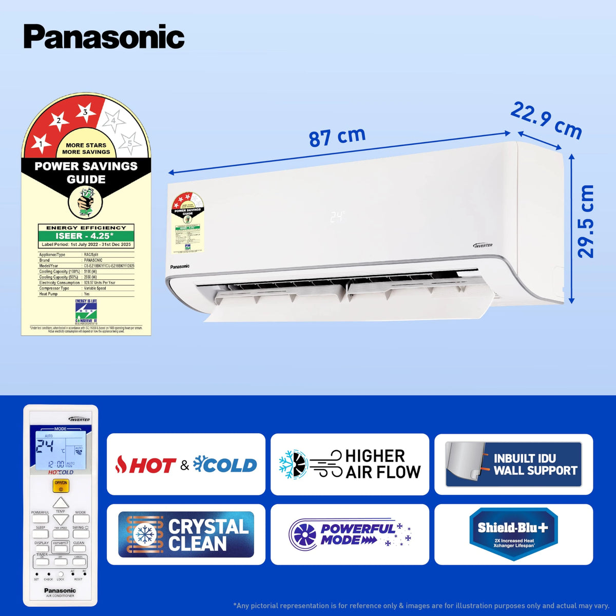 Panasonic 1.5 Ton 3 Star Hot & Cold Inverter Split AC (Higher Airflow, -7~55 Deg. C Operation, Copper Condenser, 7in1 Convertible, 2-Way Swing, PM 0.1 Filter, CS/CU-EZ18BKYF, White)