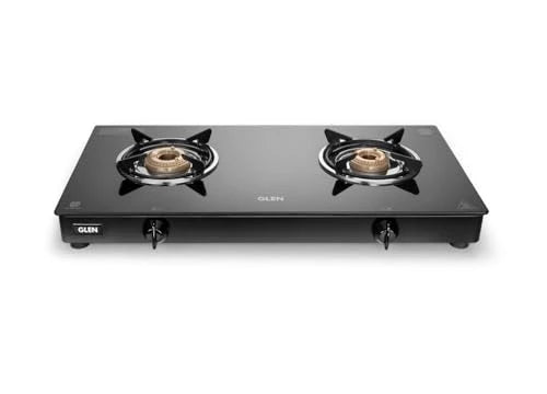 Glen Apex 2 Burner LPG Gas Stove 66 cm | 6mm Toughened Glass Top | Brass Burners | ISI Certified | Manual Ignition | Black with Drip Trays & Revolving Inlet Nozzle | 2 Year Warranty