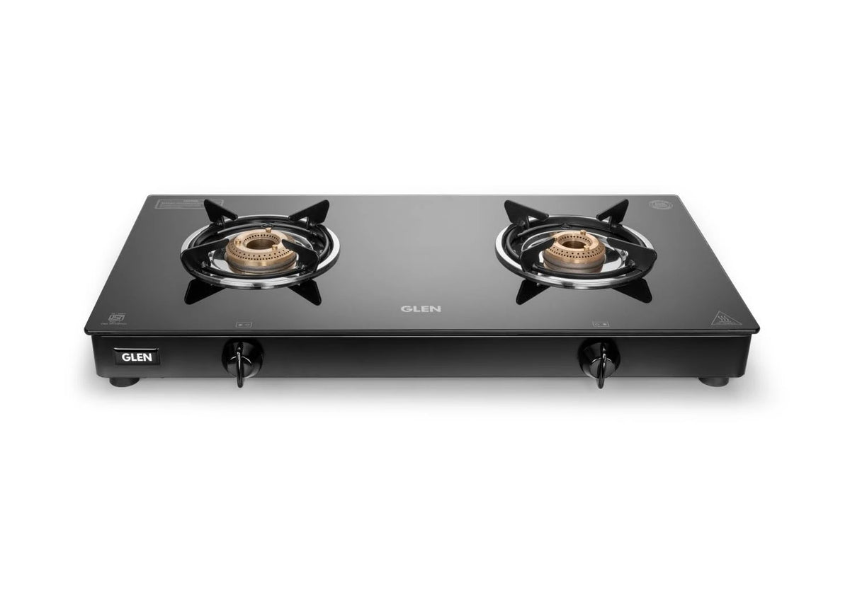 Glen Apex 2 Burner LPG Gas Stove 66 cm | 6mm Toughened Glass Top | Brass Burners | ISI Certified | Manual Ignition | Black with Drip Trays & Revolving Inlet Nozzle | 2 Year Warranty