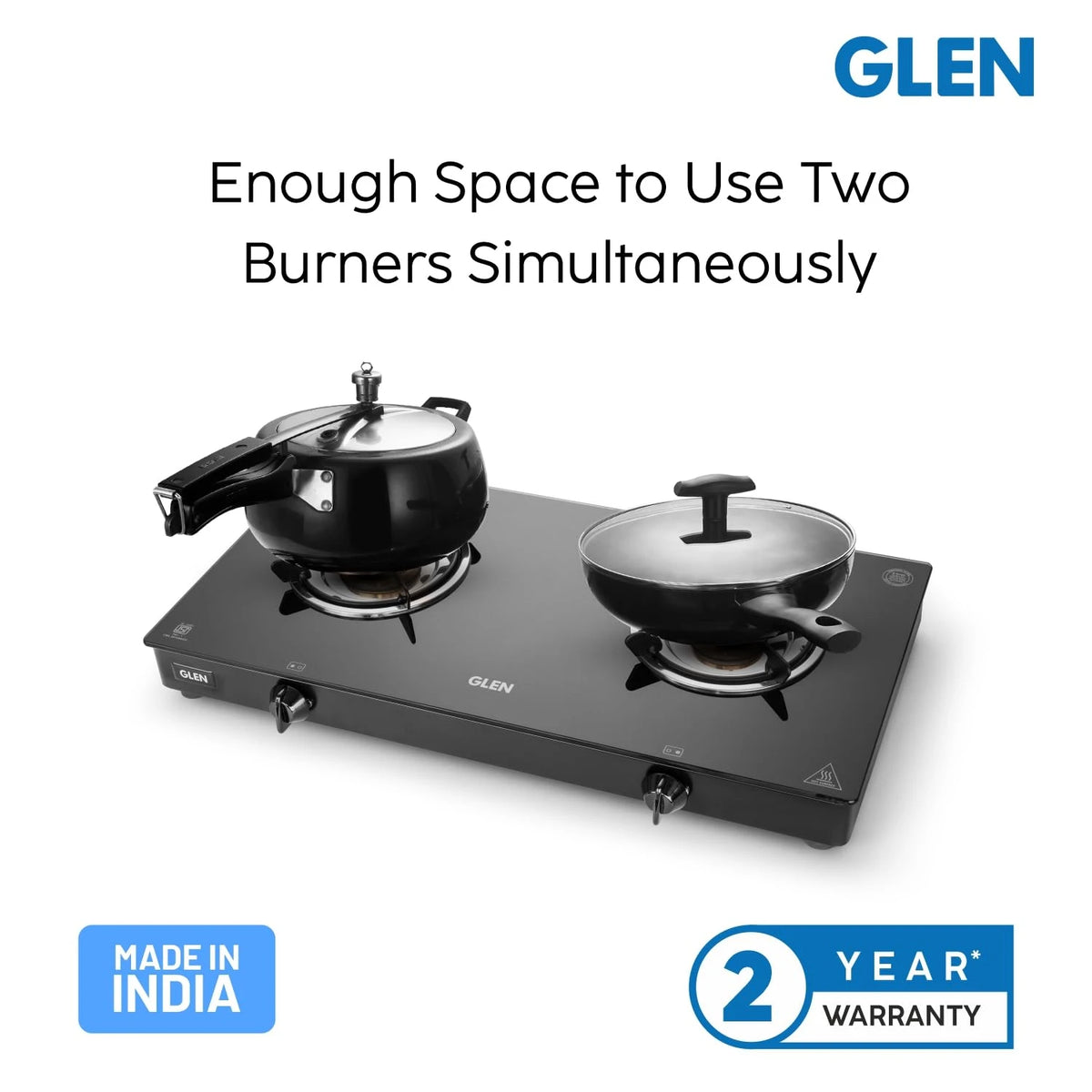 Glen Apex 2 Burner LPG Gas Stove 66 cm | 6mm Toughened Glass Top | Brass Burners | ISI Certified | Manual Ignition | Black with Drip Trays & Revolving Inlet Nozzle | 2 Year Warranty
