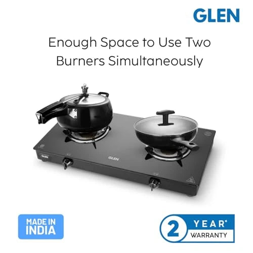 Glen Apex 2 Burner LPG Gas Stove 66 cm | 6mm Toughened Glass Top | Brass Burners | ISI Certified | Manual Ignition | Black with Drip Trays & Revolving Inlet Nozzle | 2 Year Warranty