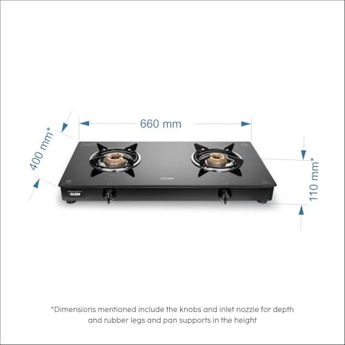 Glen Apex 2 Burner LPG Gas Stove 66 cm | 6mm Toughened Glass Top | Brass Burners | ISI Certified | Manual Ignition | Black with Drip Trays & Revolving Inlet Nozzle | 2 Year Warranty