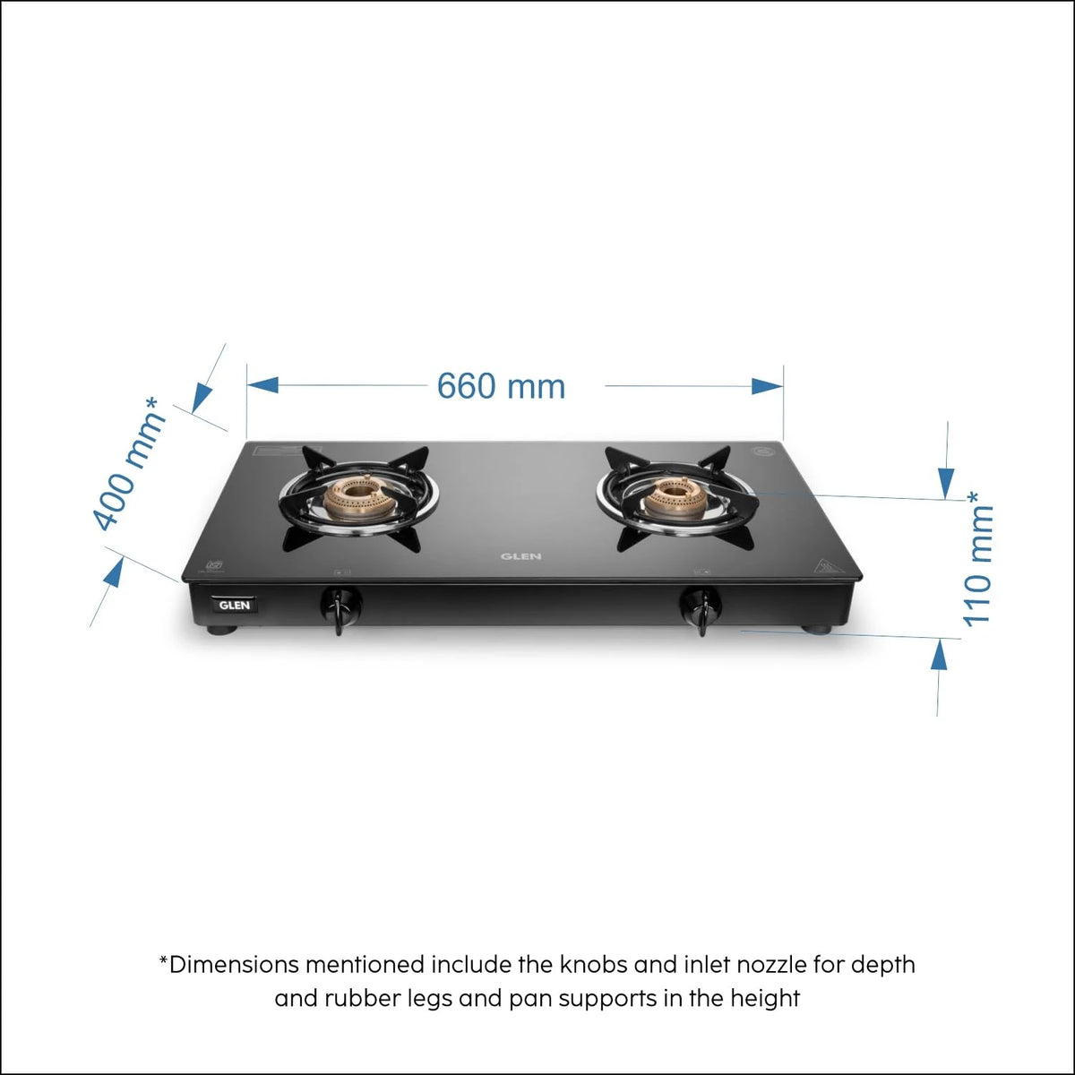 Glen Apex 2 Burner LPG Gas Stove 66 cm | 6mm Toughened Glass Top | Brass Burners | ISI Certified | Manual Ignition | Black with Drip Trays & Revolving Inlet Nozzle | 2 Year Warranty