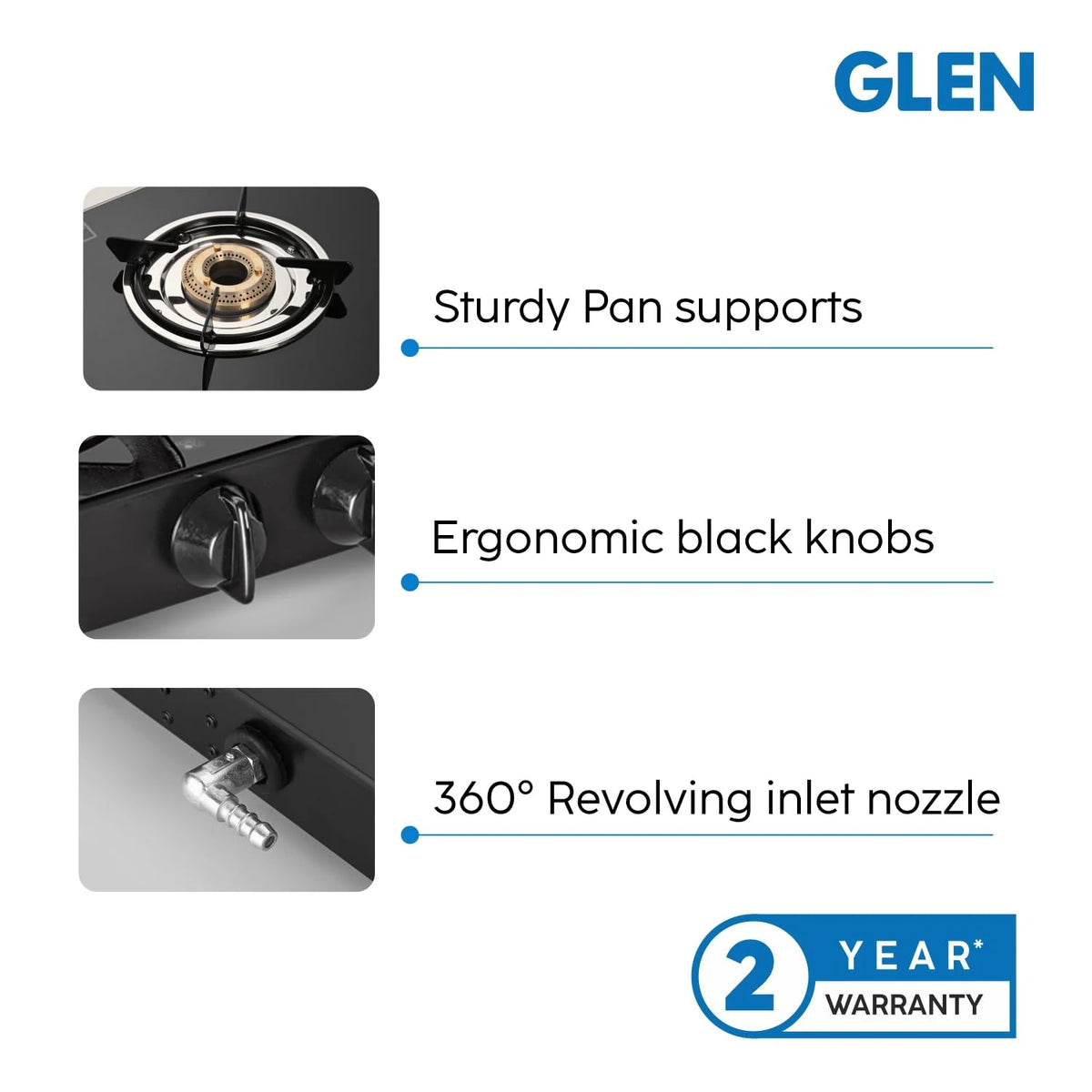 Glen Apex 2 Burner LPG Gas Stove 66 cm | 6mm Toughened Glass Top | Brass Burners | ISI Certified | Manual Ignition | Black with Drip Trays & Revolving Inlet Nozzle | 2 Year Warranty
