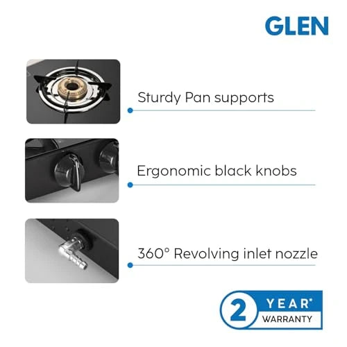 Glen Apex 2 Burner LPG Gas Stove 66 cm | 6mm Toughened Glass Top | Brass Burners | ISI Certified | Manual Ignition | Black with Drip Trays & Revolving Inlet Nozzle | 2 Year Warranty
