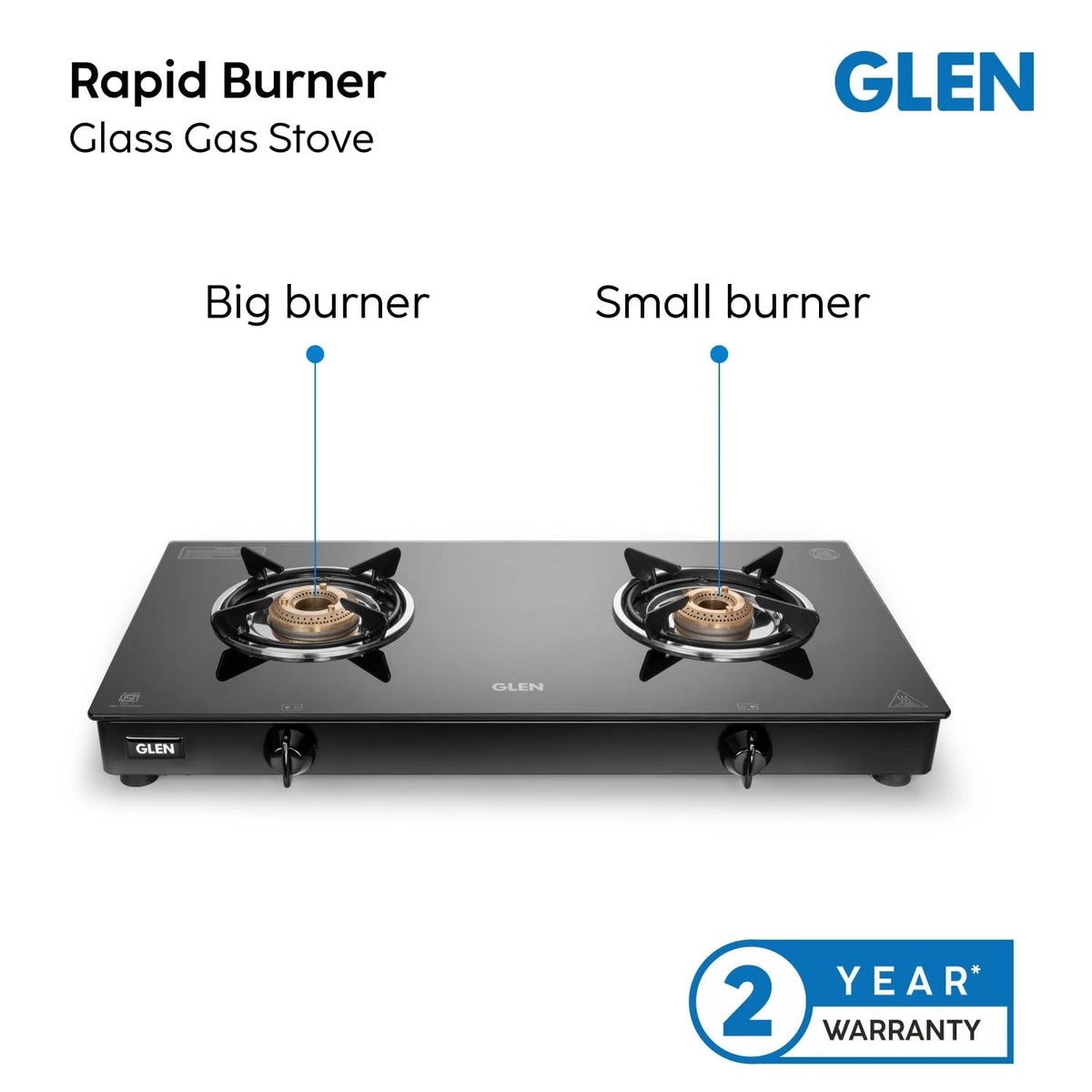 Glen Apex 2 Burner LPG Gas Stove 66 cm | 6mm Toughened Glass Top | Brass Burners | ISI Certified | Manual Ignition | Black with Drip Trays & Revolving Inlet Nozzle | 2 Year Warranty