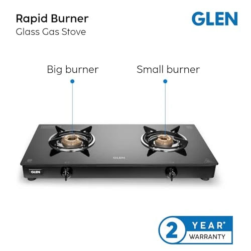 Glen Apex 2 Burner LPG Gas Stove 66 cm | 6mm Toughened Glass Top | Brass Burners | ISI Certified | Manual Ignition | Black with Drip Trays & Revolving Inlet Nozzle | 2 Year Warranty