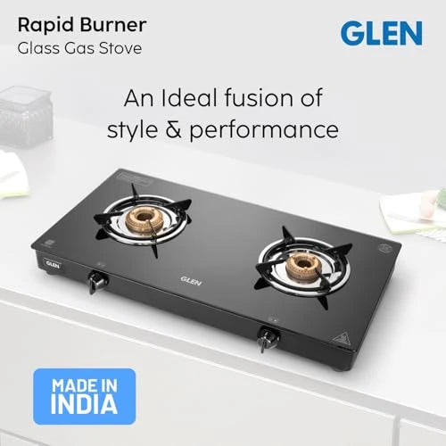 Glen Apex 2 Burner LPG Gas Stove 66 cm | 6mm Toughened Glass Top | Brass Burners | ISI Certified | Manual Ignition | Black with Drip Trays & Revolving Inlet Nozzle | 2 Year Warranty