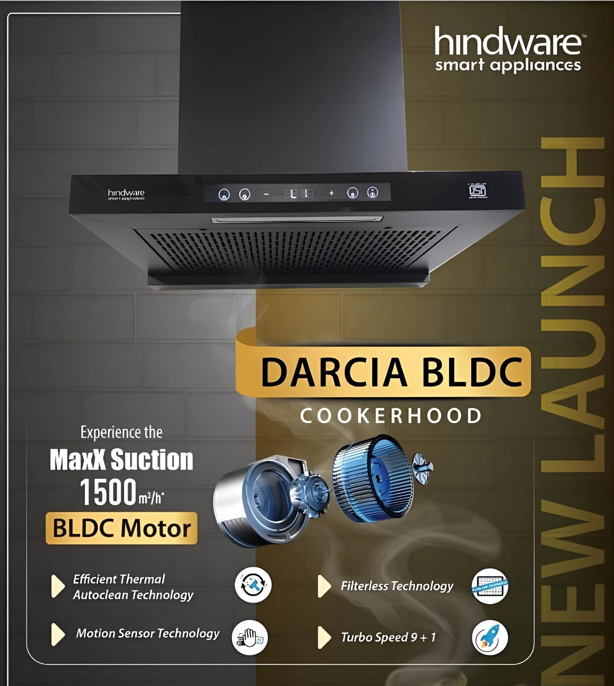 Hindware Smart Appliances DARCIA BLDC 75 | NEW LAUNCH | 1500 m³/hr | Filterless Auto-Clean Kitchen Chimney With 9- Speed Motion Sensor & Touch Control | 2025 Model 75cm (Black)