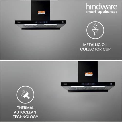 Hindware Smart Appliances DARCIA BLDC 75 | NEW LAUNCH | 1500 m³/hr | Filterless Auto-Clean Kitchen Chimney With 9- Speed Motion Sensor & Touch Control | 2025 Model 75cm (Black)