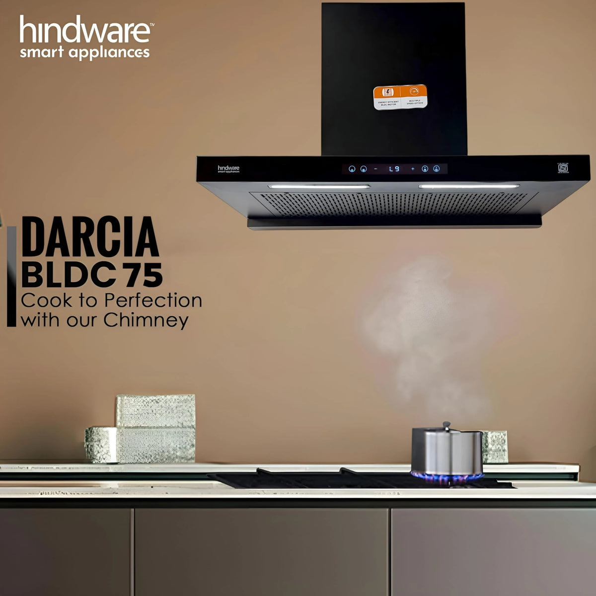 Hindware Smart Appliances DARCIA BLDC 75 | NEW LAUNCH | 1500 m³/hr | Filterless Auto-Clean Kitchen Chimney With 9- Speed Motion Sensor & Touch Control | 2025 Model 75cm (Black)