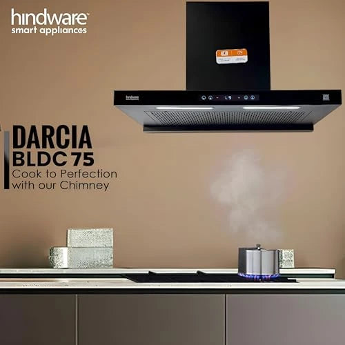 Hindware Smart Appliances DARCIA BLDC 75 | NEW LAUNCH | 1500 m³/hr | Filterless Auto-Clean Kitchen Chimney With 9- Speed Motion Sensor & Touch Control | 2025 Model 75cm (Black)