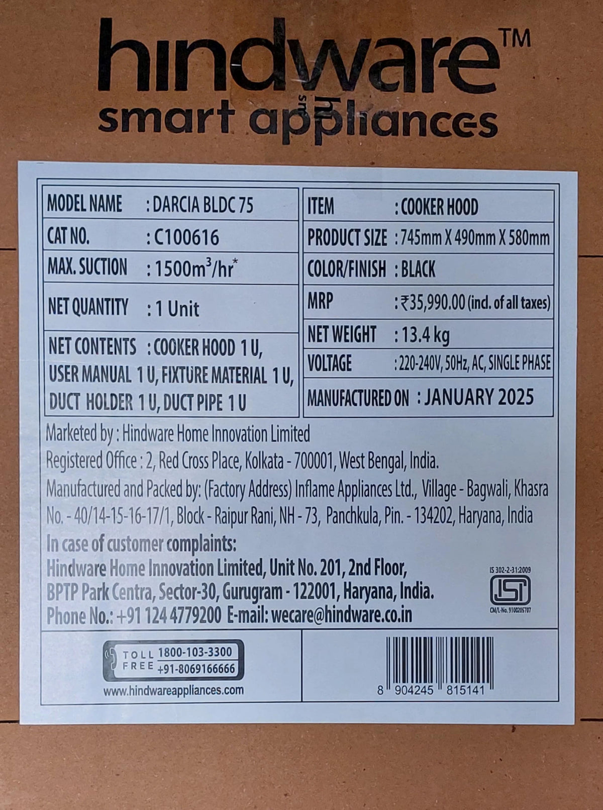 Hindware Smart Appliances DARCIA BLDC 75 | NEW LAUNCH | 1500 m³/hr | Filterless Auto-Clean Kitchen Chimney With 9- Speed Motion Sensor & Touch Control | 2025 Model 75cm (Black)