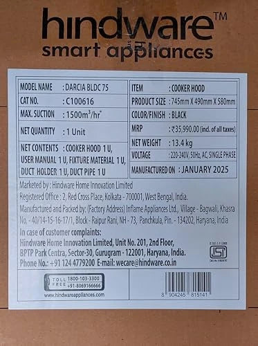 Hindware Smart Appliances DARCIA BLDC 75 | NEW LAUNCH | 1500 m³/hr | Filterless Auto-Clean Kitchen Chimney With 9- Speed Motion Sensor & Touch Control | 2025 Model 75cm (Black)
