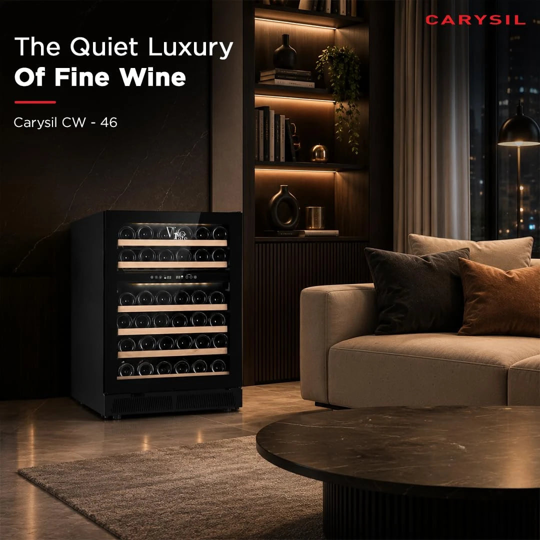 Carysil Wine Chiller CW-46, 145 L, Dual Zone Wine Cooler Refrigerator up to 46 Bottles, 5-20°C Temperature Control, LED Touch Control & Anti-UV Glass, Freestanding/Built-In Installation