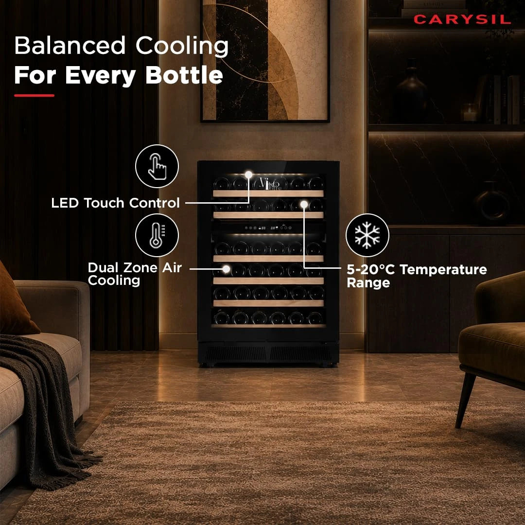 Carysil Wine Chiller CW-46, 145 L, Dual Zone Wine Cooler Refrigerator up to 46 Bottles, 5-20°C Temperature Control, LED Touch Control & Anti-UV Glass, Freestanding/Built-In Installation