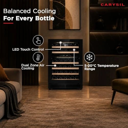 Carysil Wine Chiller CW-46, 145 L, Dual Zone Wine Cooler Refrigerator up to 46 Bottles, 5-20°C Temperature Control, LED Touch Control & Anti-UV Glass, Freestanding/Built-In Installation