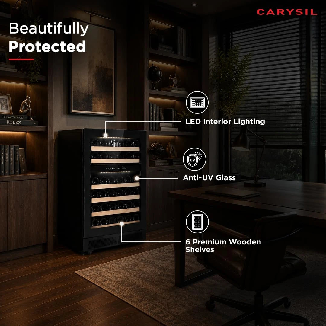 Carysil Wine Chiller CW-46, 145 L, Dual Zone Wine Cooler Refrigerator up to 46 Bottles, 5-20°C Temperature Control, LED Touch Control & Anti-UV Glass, Freestanding/Built-In Installation