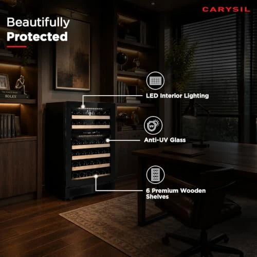 Carysil Wine Chiller CW-46, 145 L, Dual Zone Wine Cooler Refrigerator up to 46 Bottles, 5-20°C Temperature Control, LED Touch Control & Anti-UV Glass, Freestanding/Built-In Installation