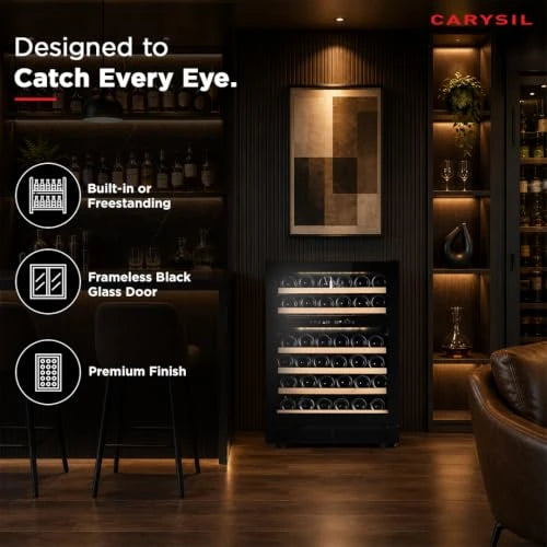 Carysil Wine Chiller CW-46, 145 L, Dual Zone Wine Cooler Refrigerator up to 46 Bottles, 5-20°C Temperature Control, LED Touch Control & Anti-UV Glass, Freestanding/Built-In Installation