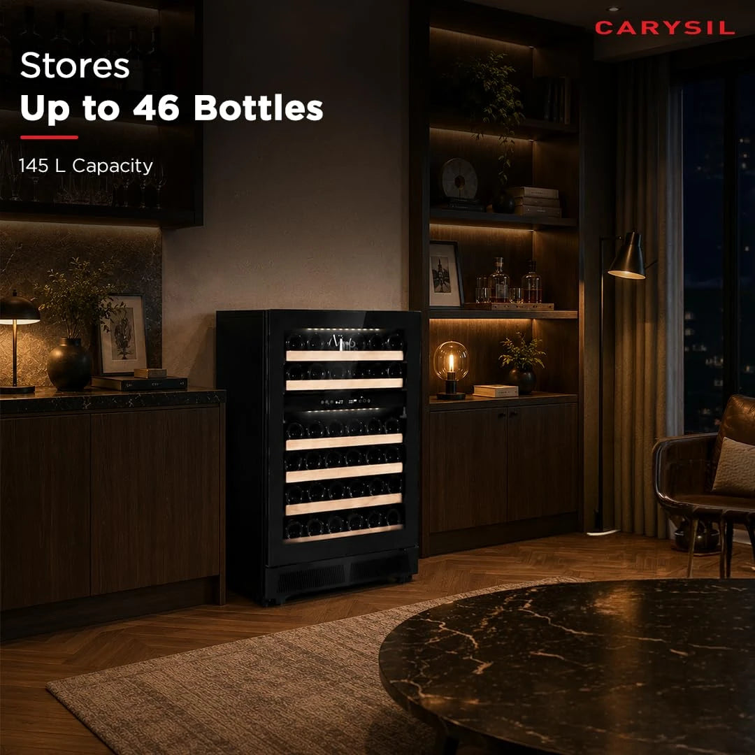 Carysil Wine Chiller CW-46, 145 L, Dual Zone Wine Cooler Refrigerator up to 46 Bottles, 5-20°C Temperature Control, LED Touch Control & Anti-UV Glass, Freestanding/Built-In Installation